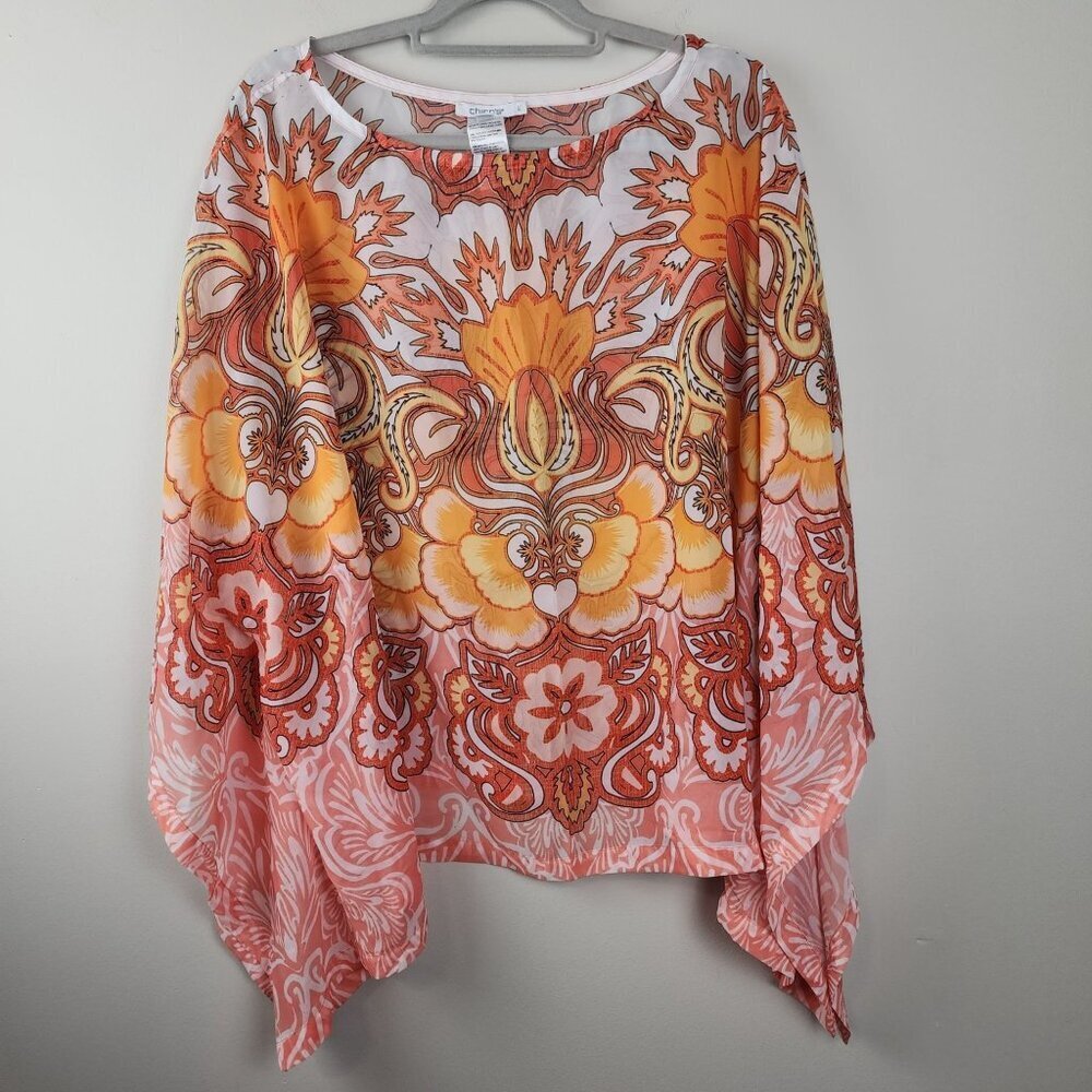 Chico's Printed Poncho Top Blouse Orange Yellow flowy relaxed l/xl
